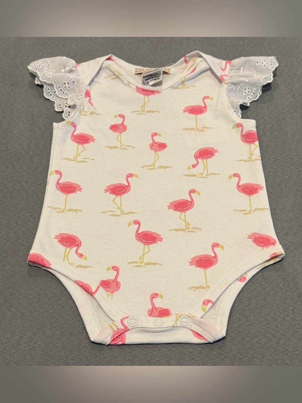 Baby Girls White Onesie with Pink Flamingo Print and Eyelet Sleeves